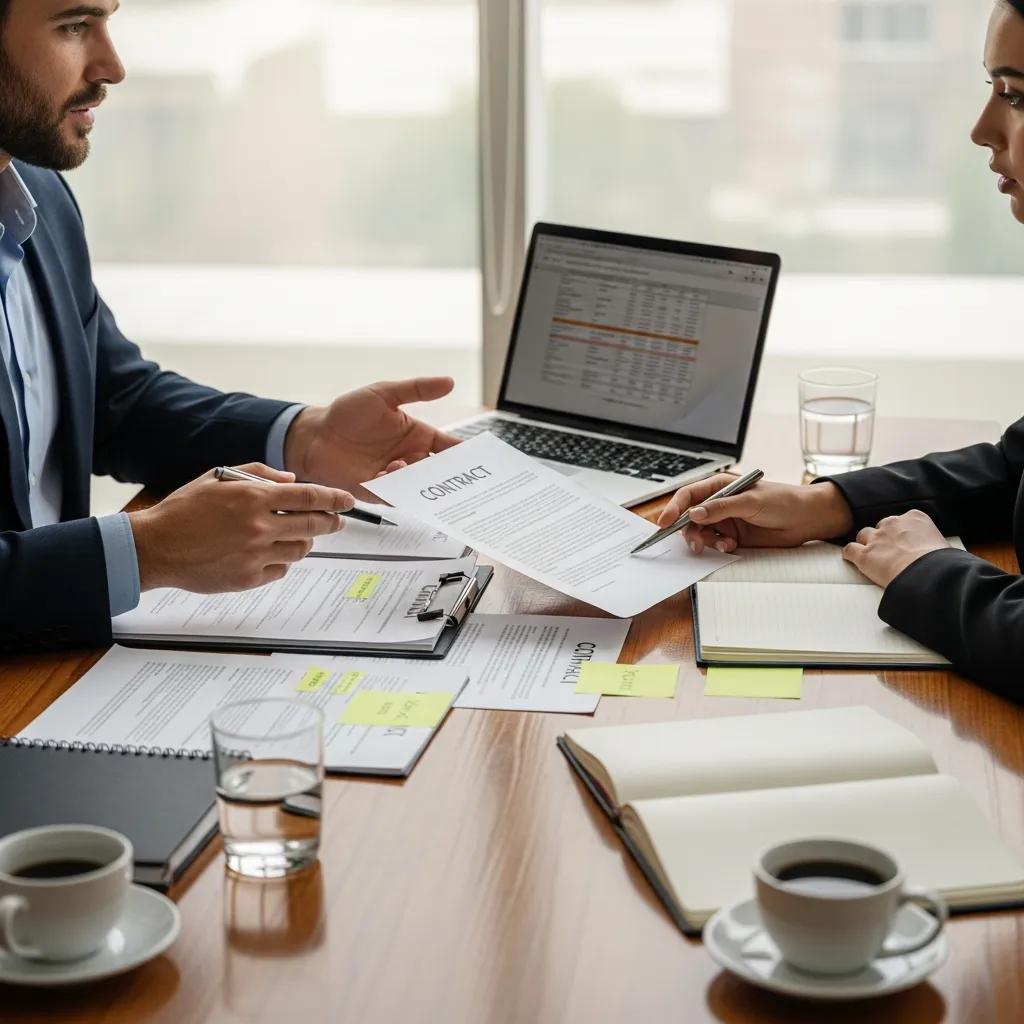 Business professionals discussing contract terms during a negotiation meeting, with documents and a laptop displaying data, emphasizing commercial cleaning service agreements.