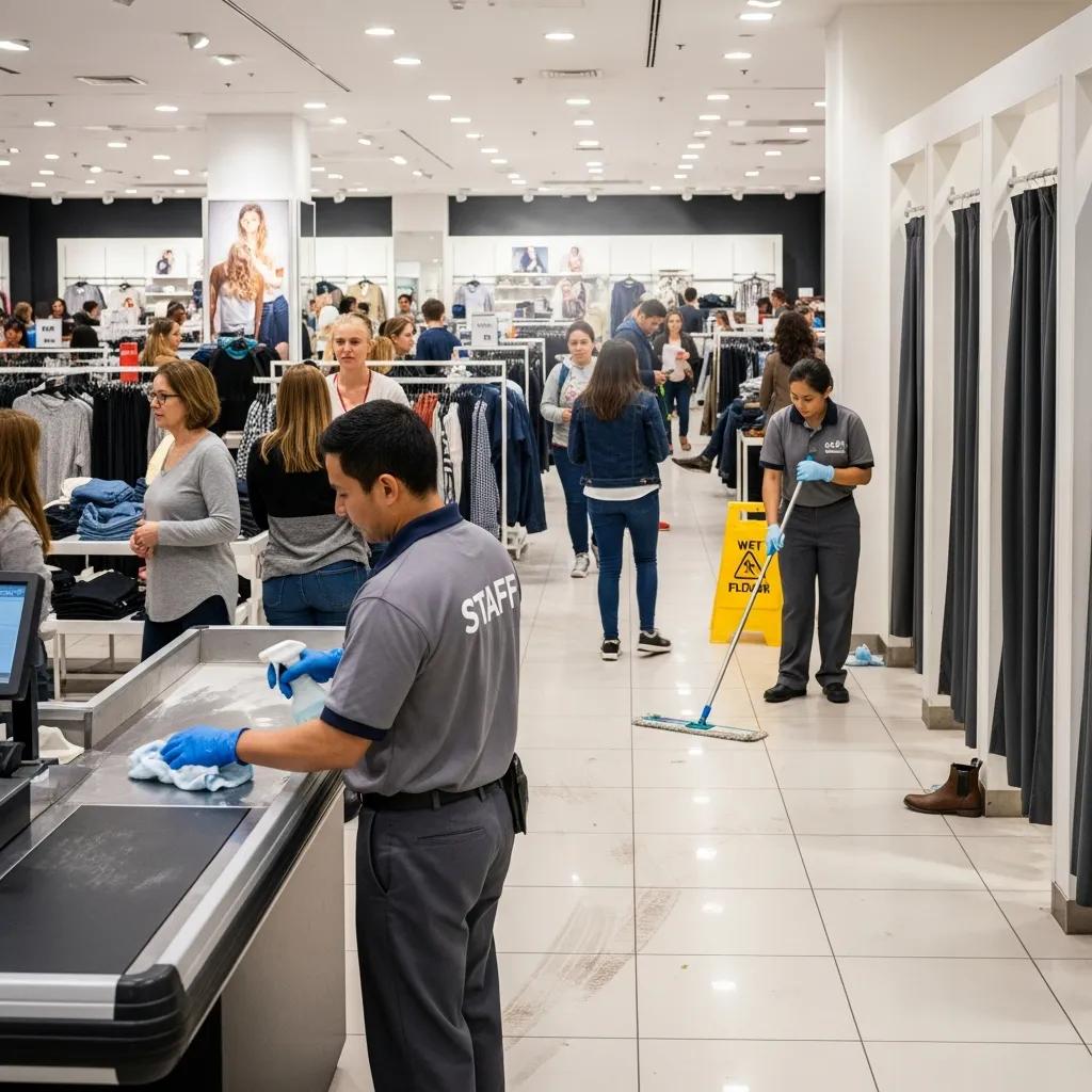 Busy retail store with staff cleaning surfaces, shoppers browsing clothing racks, and a wet floor sign, highlighting cleaning challenges in high-traffic environments.