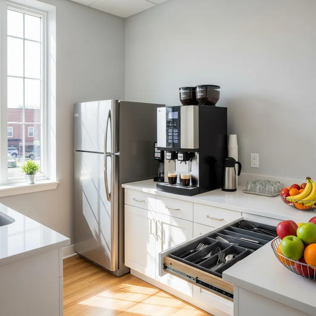 Clean and organized commercial breakroom featuring modern kitchen appliances, sanitized surfaces, a coffee machine, and a fruit bowl, illustrating best practices for office hygiene and sanitation.