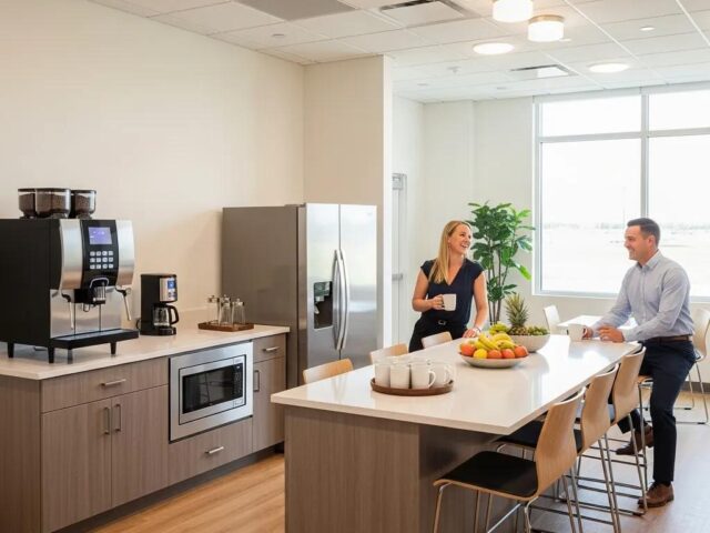 Clean commercial breakroom featuring modern appliances, a coffee machine, and a fruit bowl, with two professionals engaging in conversation, promoting workplace hygiene and a healthy environment.