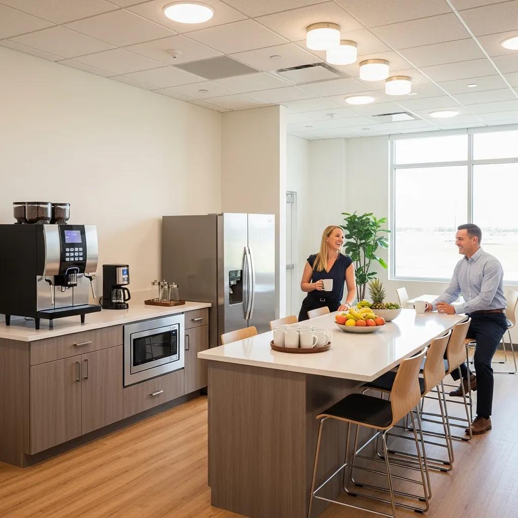 Clean commercial breakroom with modern appliances promoting workplace hygiene