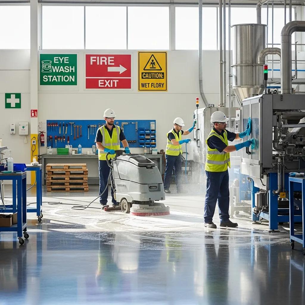 Industrial cleaning crew using a floor scrubber and disinfecting equipment in a clean, well-lit workspace, featuring safety signage for compliance and hazard awareness.