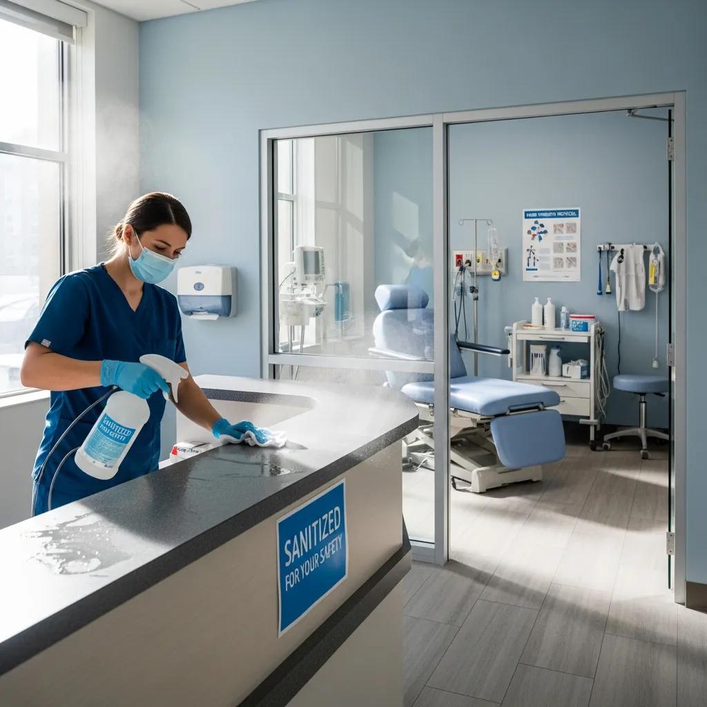 Clean medical office with healthcare professional disinfecting surfaces