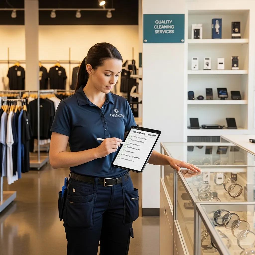 Professional cleaner assessing retail space with customized cleaning checklist, showcasing quality cleaning services in a store environment.