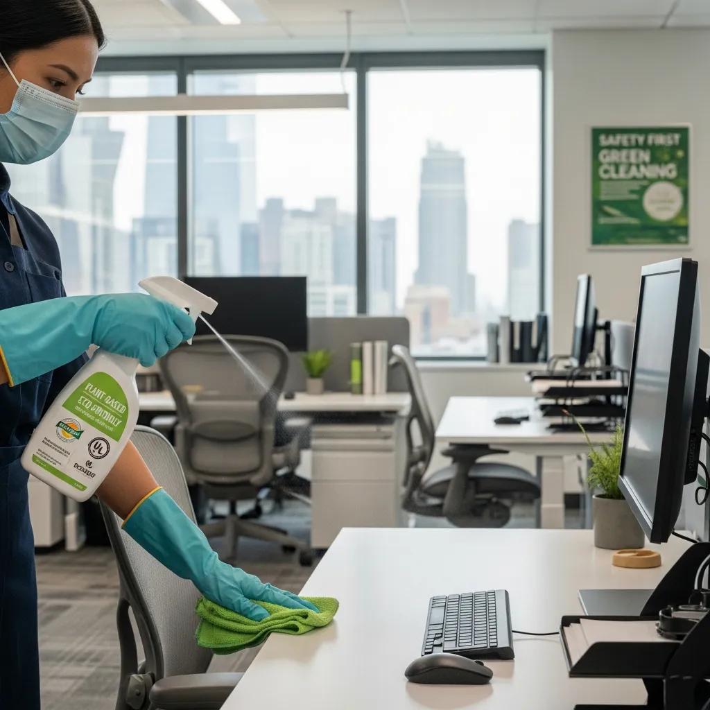 Cleaning professional using eco-friendly products in modern office, emphasizing health and safety, with a focus on low-VOC practices and sustainability.