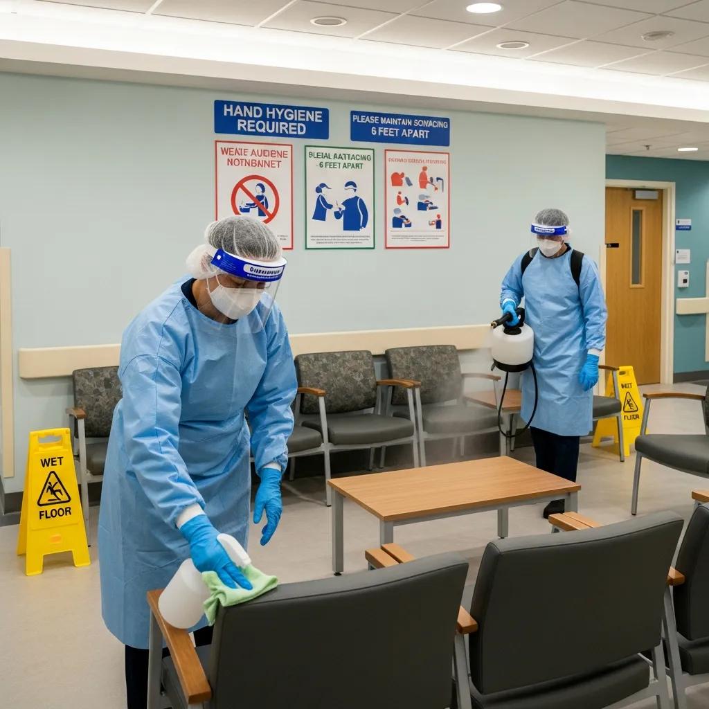 Cleaning staff in PPE disinfecting a medical waiting area, focusing on high-touch surfaces, with safety signage visible in the background.