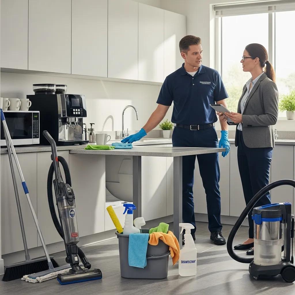 Cleaning technician discussing customized cleaning plans with a facility manager in a breakroom, showcasing cleaning supplies and equipment on the table, emphasizing professional sanitation and hygiene practices.
