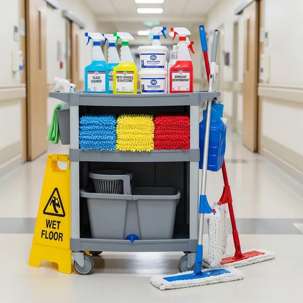 Cleaning cart with hospital-grade disinfectants, microfiber cloths, and mops in a medical facility hallway, emphasizing infection control and sterile environment maintenance.