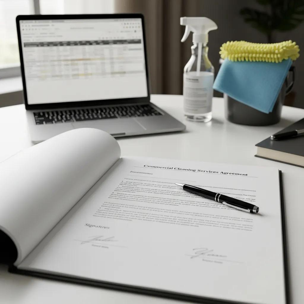 A close-up of a commercial cleaning contract on a desk, highlighting the document's structure and importance