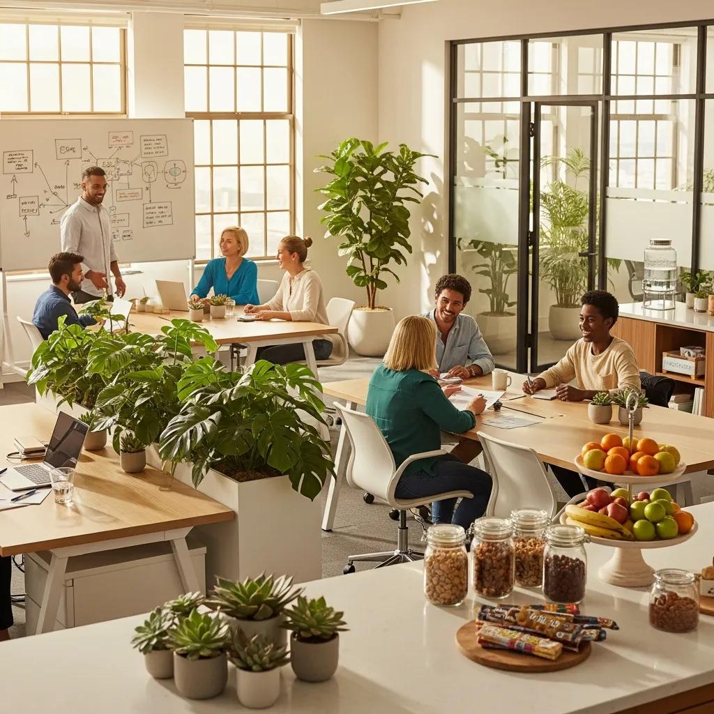 Collaborative office space with diverse employees engaged in discussions, surrounded by greenery, promoting wellness and productivity through eco-friendly practices, with healthy snacks visible on the table.