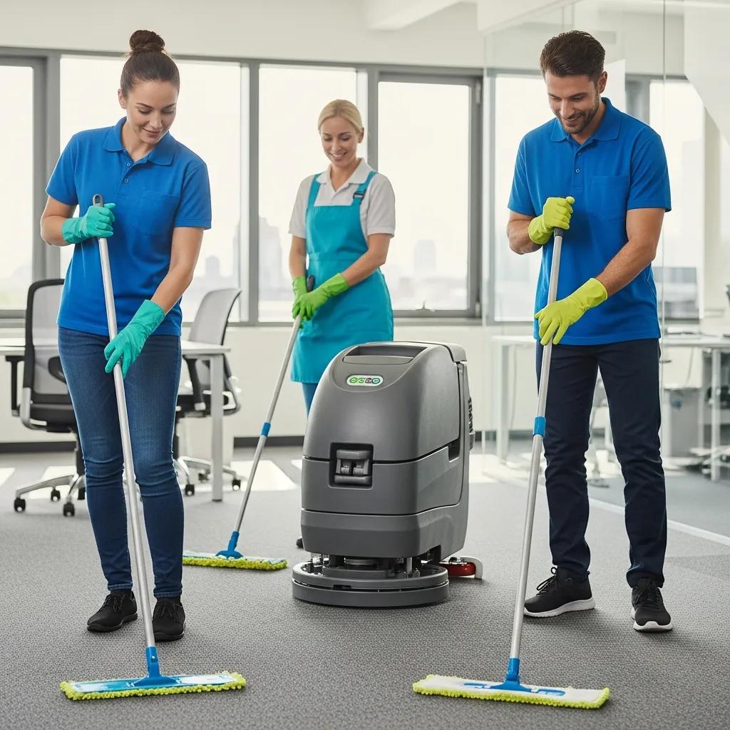Commercial cleaning team using eco-friendly equipment for water conservation