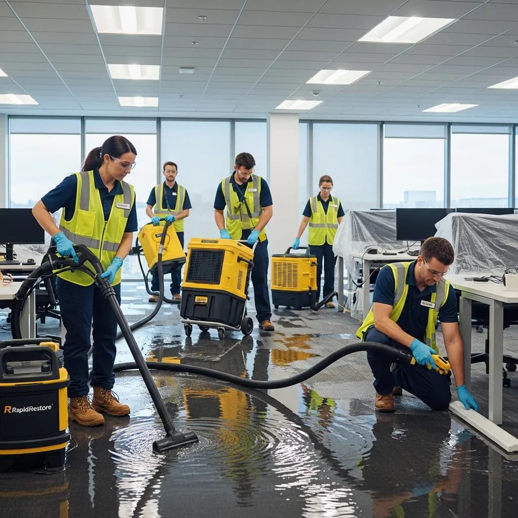 Commercial water damage restoration team using industrial equipment in a flooded office
