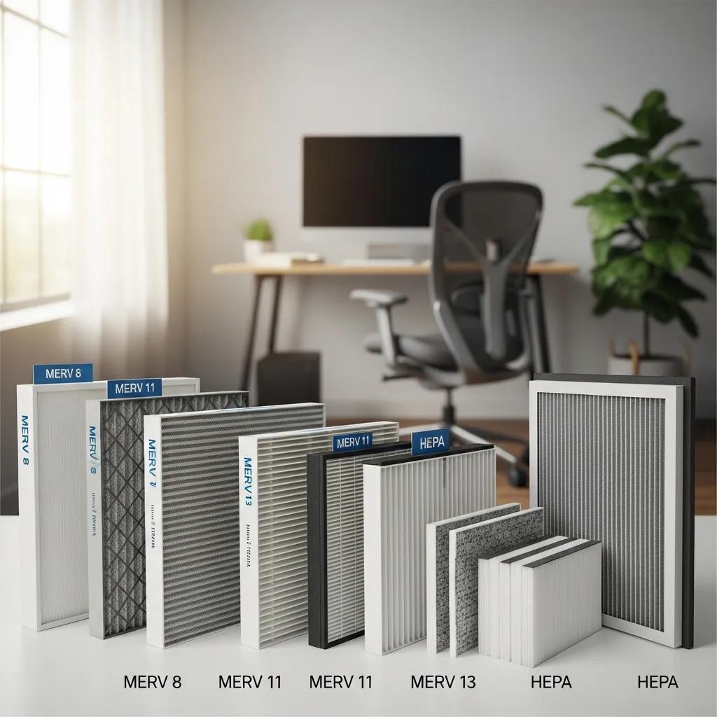 Different HVAC filtration systems including MERV 8, MERV 11, MERV 13, and HEPA filters displayed in an office setting, emphasizing air quality improvement for commercial spaces.