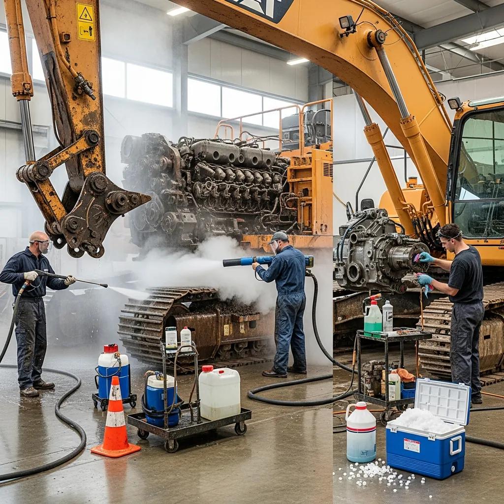 Heavy machinery degreasing in industrial setting, workers using high-pressure washing and steam cleaning on engine components, cleaning agents and equipment visible, emphasizing safety and efficiency in maintenance.