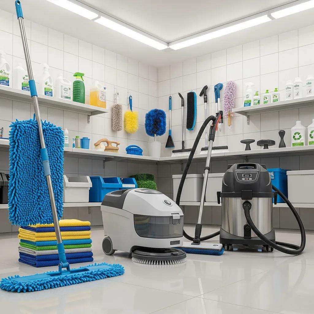 Display of effective water-saving cleaning equipment including microfiber mop, automatic scrubber, and vacuum cleaner, set in a well-organized cleaning supply room, emphasizing eco-friendly practices for commercial use.