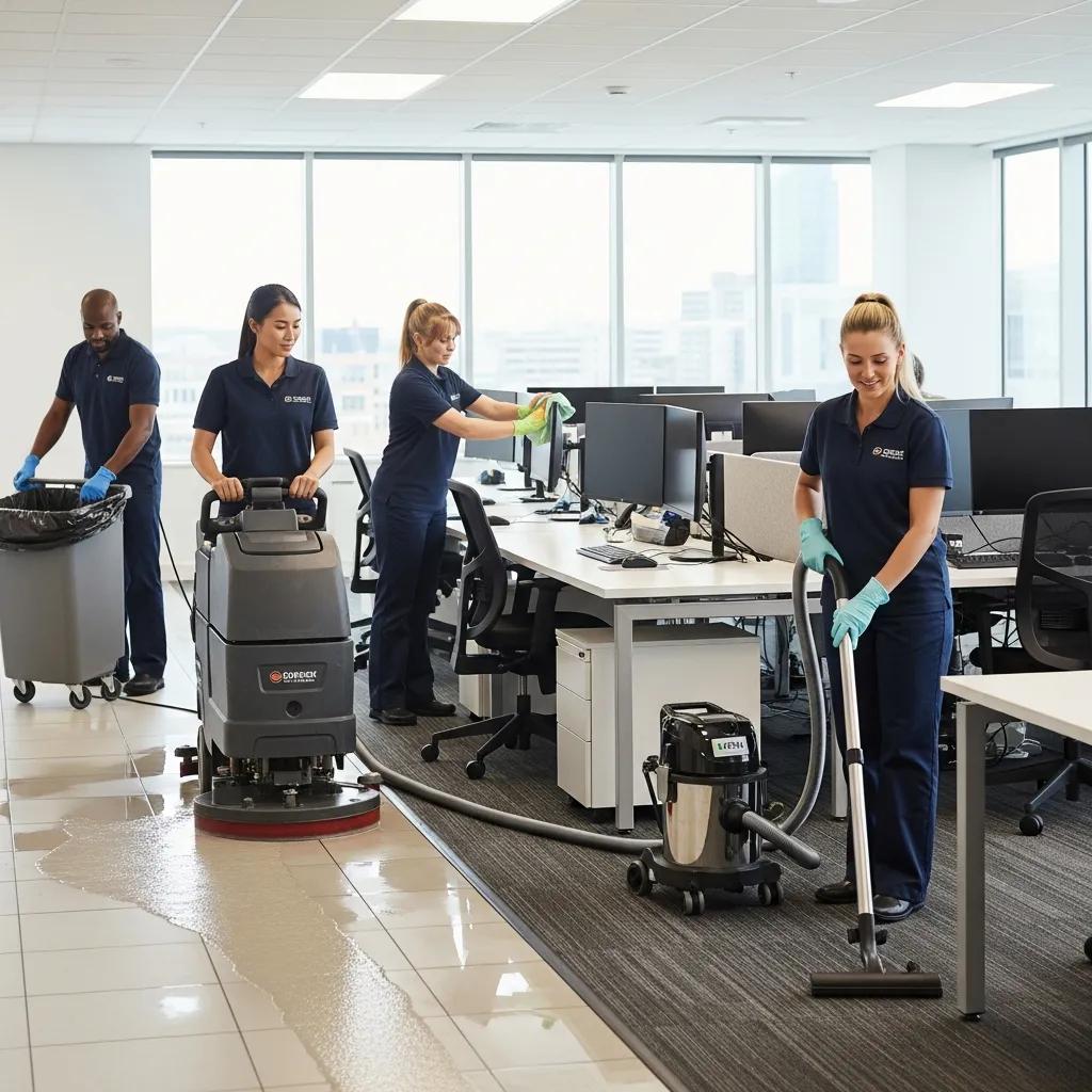 Diverse cleaning team performing professional cleaning services in a modern office environment, featuring floor scrubbing, vacuuming, and waste collection.