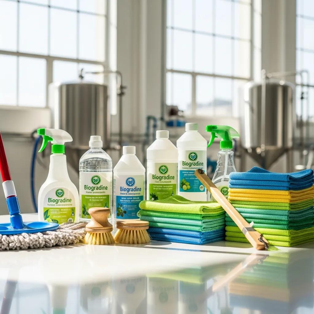 Eco-friendly cleaning products and equipment, including Biogradine bottles, microfiber cloths, and cleaning tools, arranged in a bright, clean environment, highlighting sustainable industrial cleaning practices.