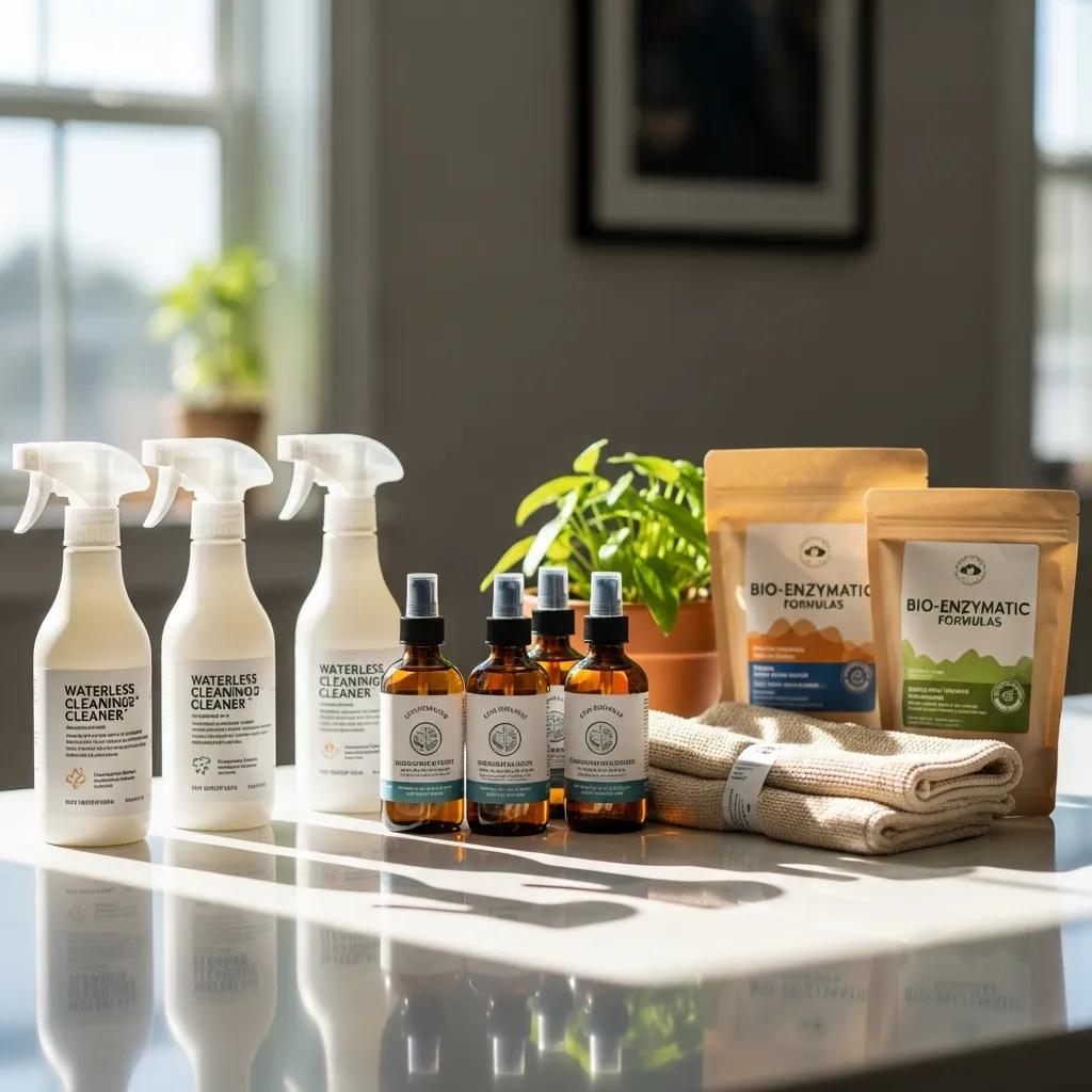 Waterless cleaning products and bio-enzymatic formulas on a countertop, showcasing eco-friendly cleaning solutions designed for water conservation in commercial cleaning.