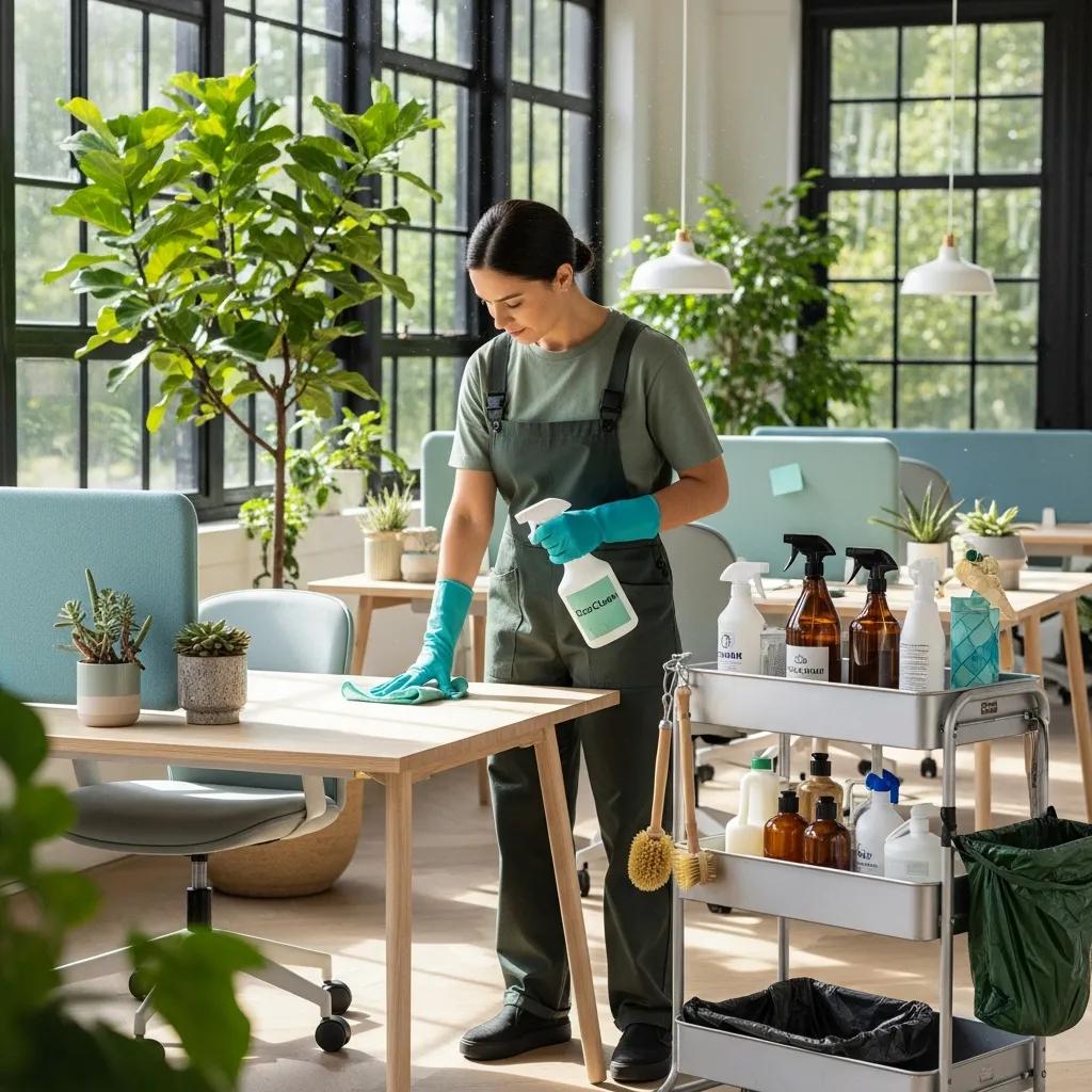 Eco-friendly cleaning products in a bright office environment promoting sustainable cleaning practices