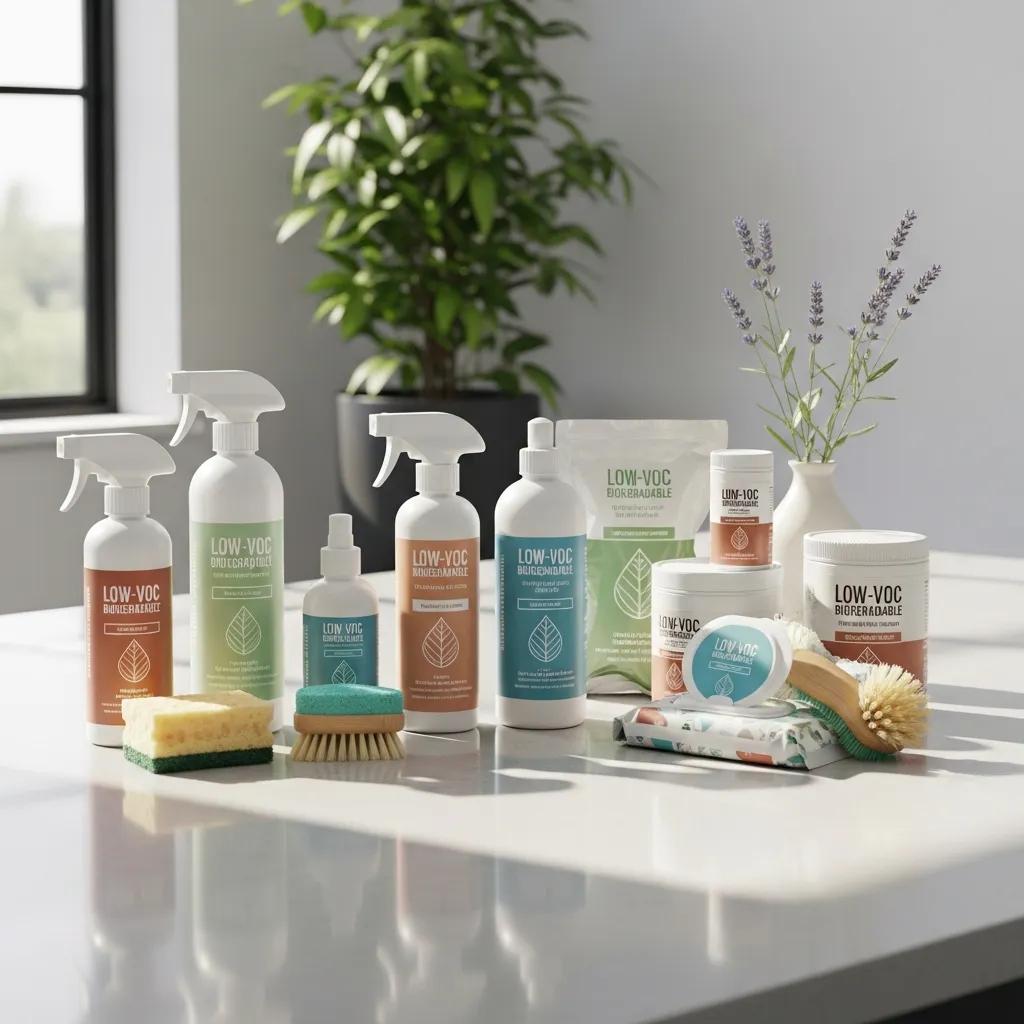 Eco-friendly low-VOC cleaning products displayed on a table, featuring bottles, sprays, and cleaning tools, promoting healthier indoor environments and sustainability.