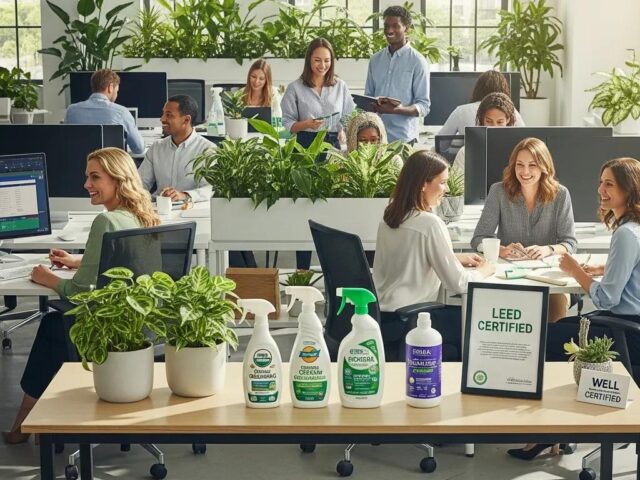 Eco-friendly office environment with green cleaning products, healthy workspace, and employees collaborating, featuring LEED and WELL certification signage.