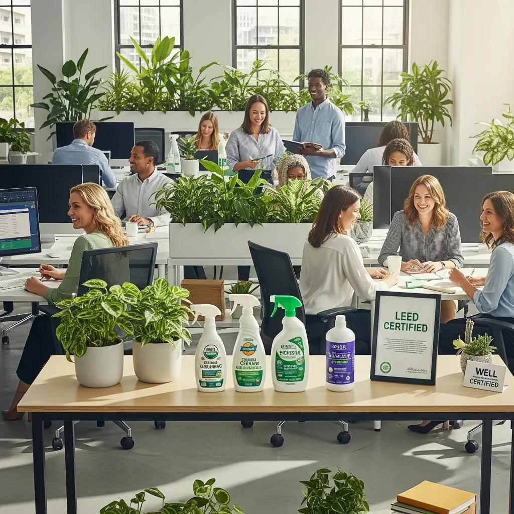 Eco-friendly office environment highlighting green cleaning products and a healthy workspace