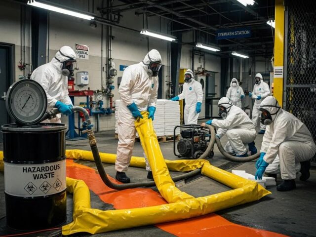 Emergency spill cleanup team in protective gear managing hazardous materials in an industrial setting, highlighting safety protocols and remediation efforts.