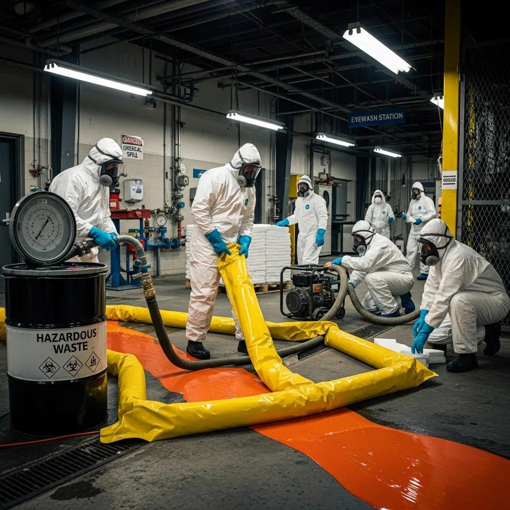Emergency spill cleanup team in protective gear managing hazardous materials in an industrial setting