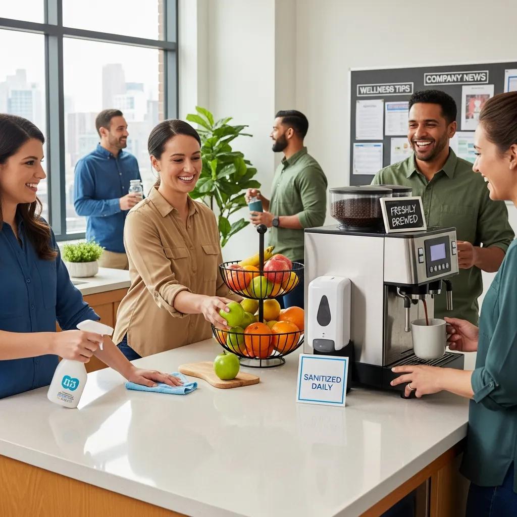 Employees enjoying a clean breakroom with sanitized coffee machine, fresh fruit display, and visible hygiene practices, highlighting the importance of breakroom hygiene for health and productivity.
