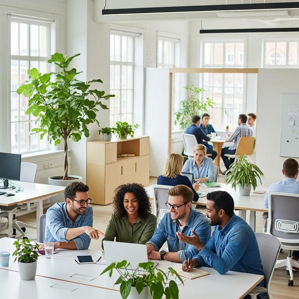 Employees collaborating in a bright, green office environment, showcasing the benefits of sustainable cleaning practices and healthy workspaces.