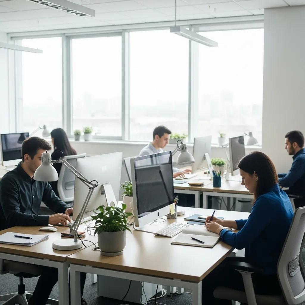 Employees working in a clean, organized office environment, enhancing focus and productivity through reduced distractions and improved morale.