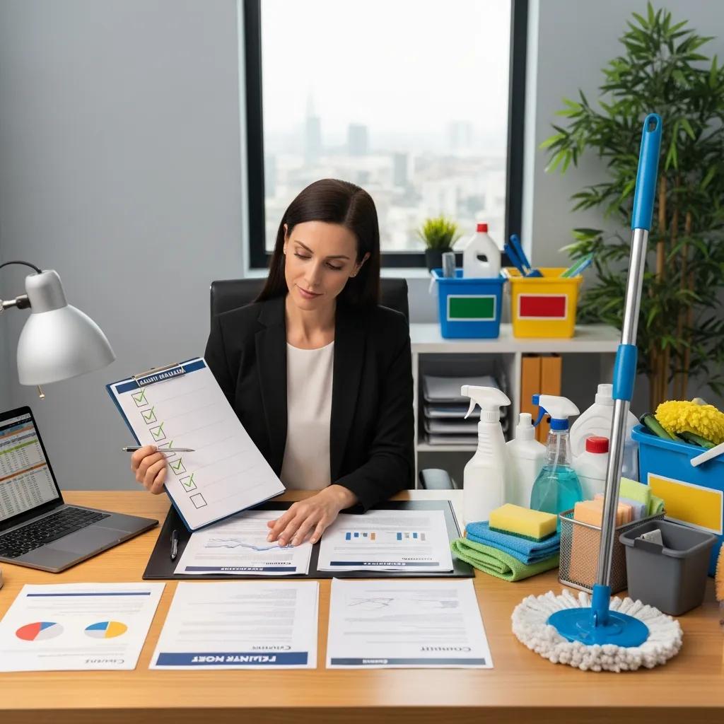Facility manager evaluating commercial cleaning vendor proposals with a checklist, surrounded by cleaning supplies and documents in a modern office setting.