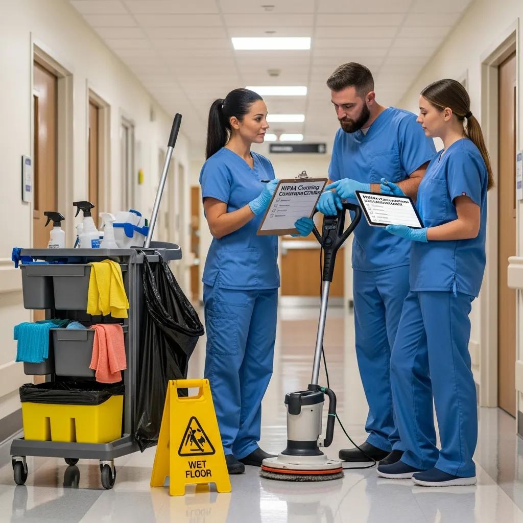 Healthcare cleaning team discussing HIPAA-compliant practices in hospital corridor, equipped with cleaning cart, floor scrubber, and safety signage.
