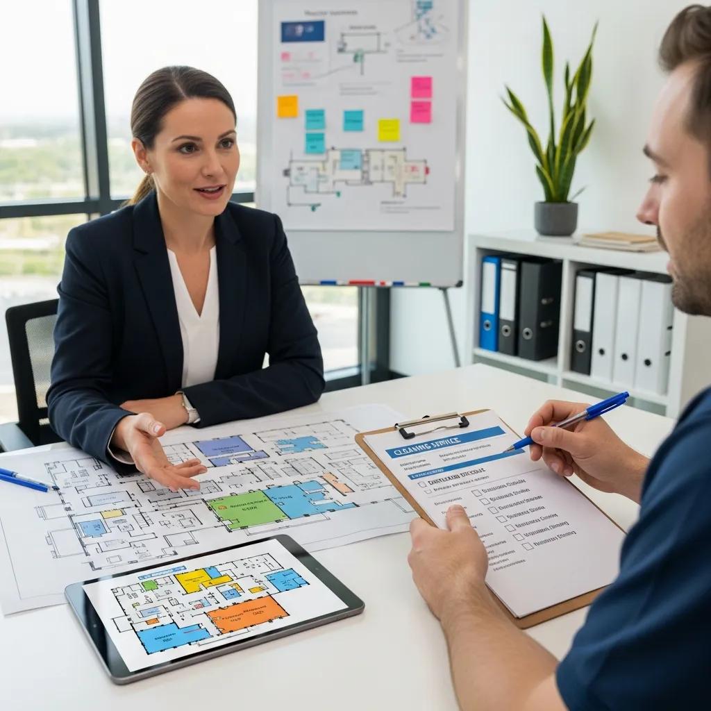 Healthcare facility manager discussing customized cleaning plans with representative, reviewing floor plans and checklist for clinical sanitation services.