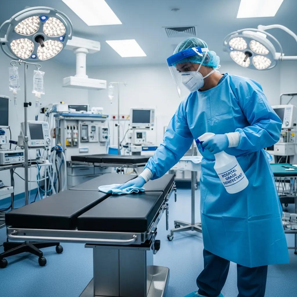 Healthcare professional in PPE cleaning a surgical room with hospital-grade disinfectants