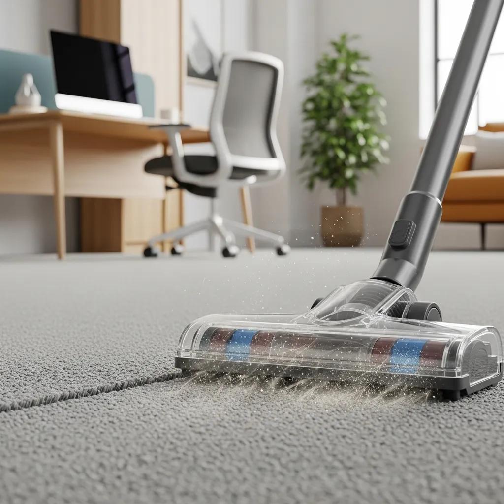 HEPA vacuum cleaner effectively capturing dust and allergens from carpet in a modern office setting, enhancing indoor air quality and reducing Sick Building Syndrome risks.