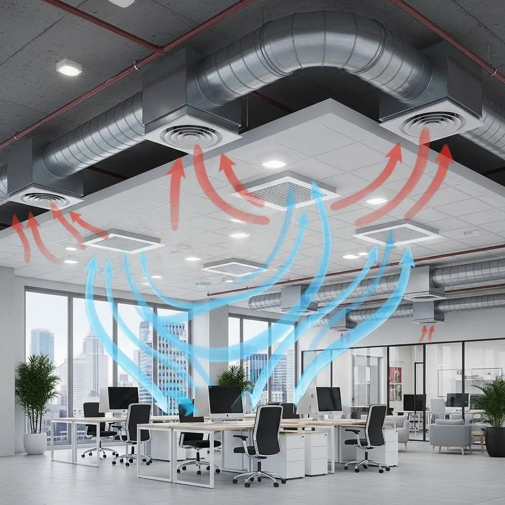 Illustration of a commercial office space showing ventilation system with airflow dynamics, ducts, and air circulation represented by blue and red arrows.