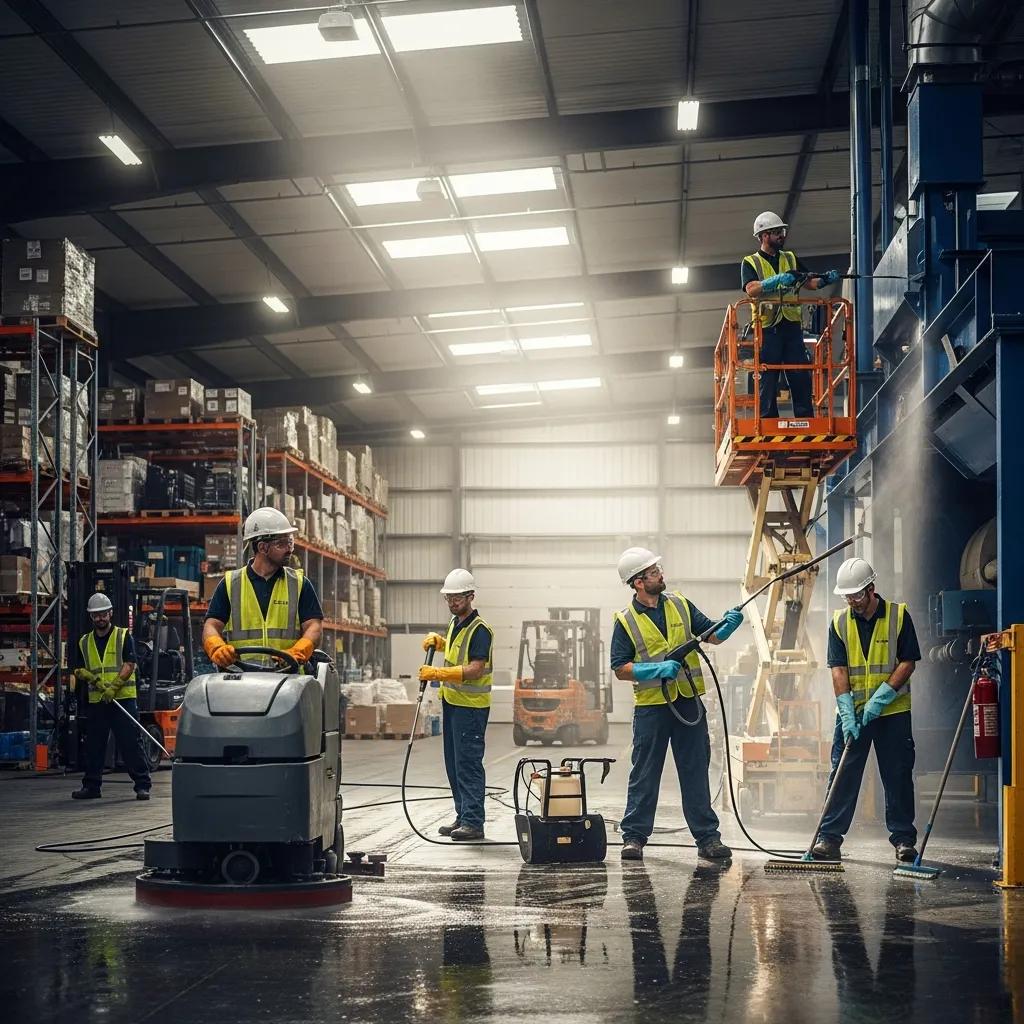 Industrial cleaning team using advanced equipment in a warehouse