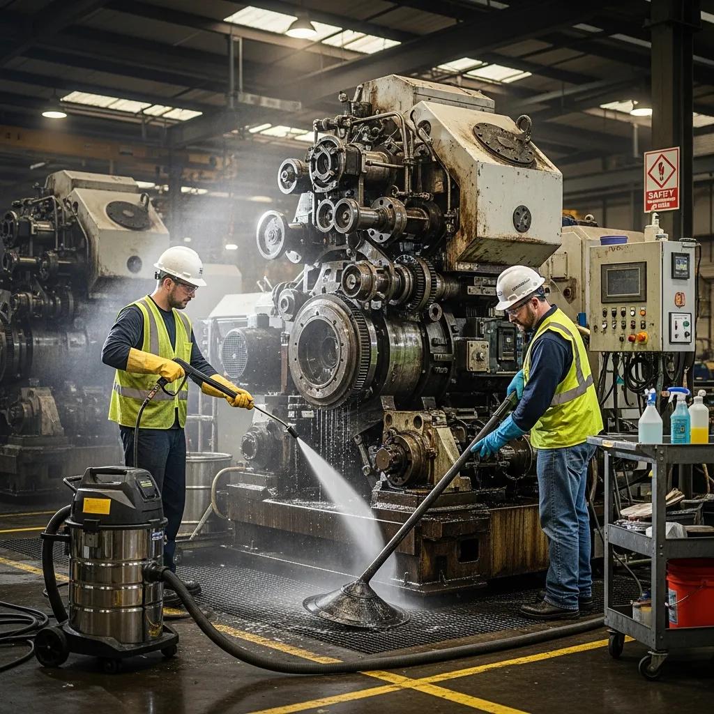 Industrial equipment cleaning in a factory with workers using advanced tools