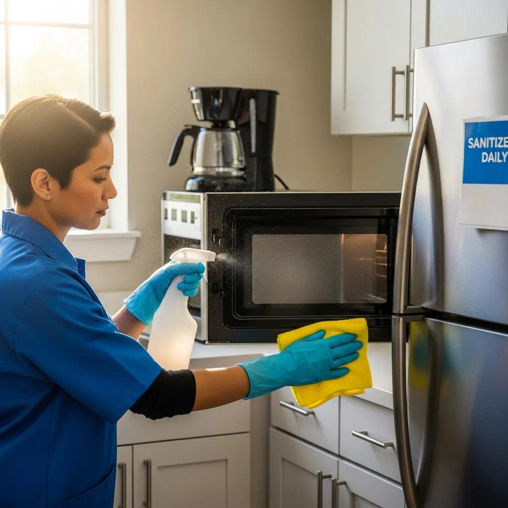Janitorial staff cleaning a microwave in a commercial breakroom, using a spray bottle and cloth, emphasizing sanitation of high-touch surfaces for employee health and productivity.