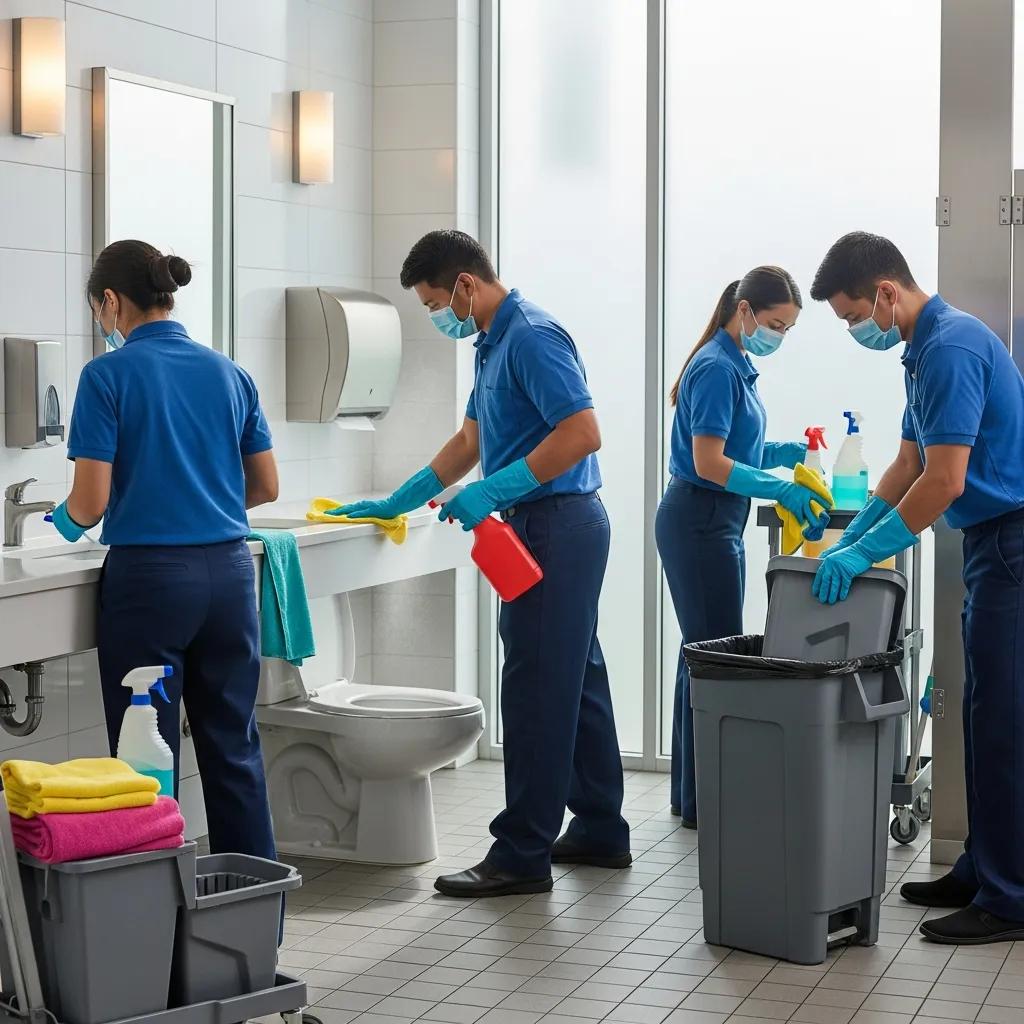 Janitorial team cleaning a commercial restroom, focusing on hygiene standards with disinfectants and cleaning supplies, wearing masks and gloves, emphasizing sanitation protocols.