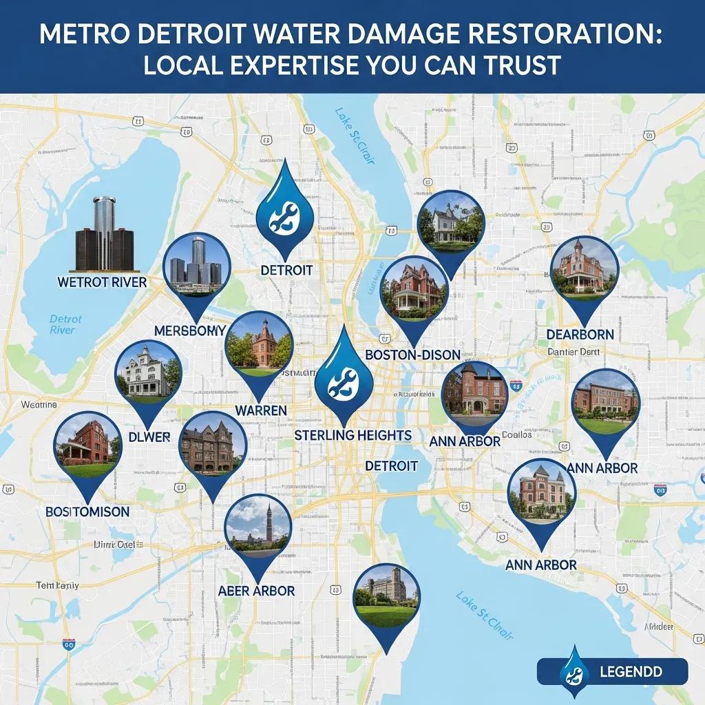 Metro Detroit water damage restoration map highlighting local expertise with key locations marked, including Detroit, Ann Arbor, and Sterling Heights, emphasizing quick response and specialized service areas.