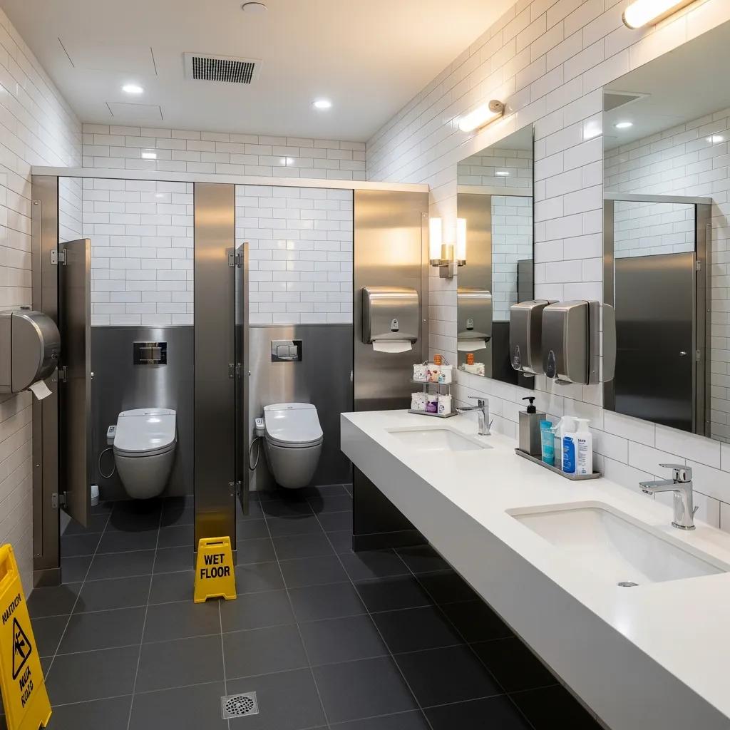 Modern commercial restroom with high hygiene standards featuring touchless fixtures and clean surfaces