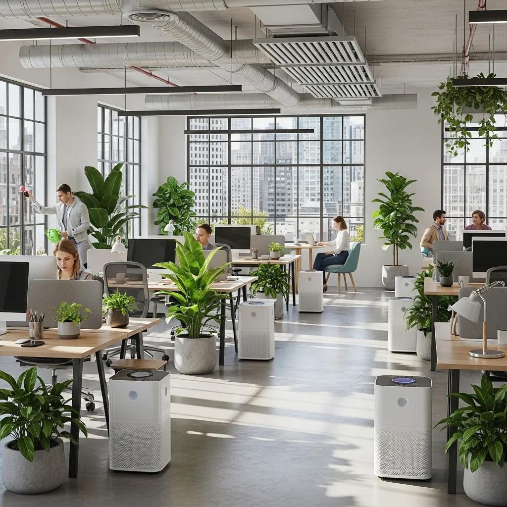 Modern office with air quality solutions like purifiers and plants, promoting a healthy work environment