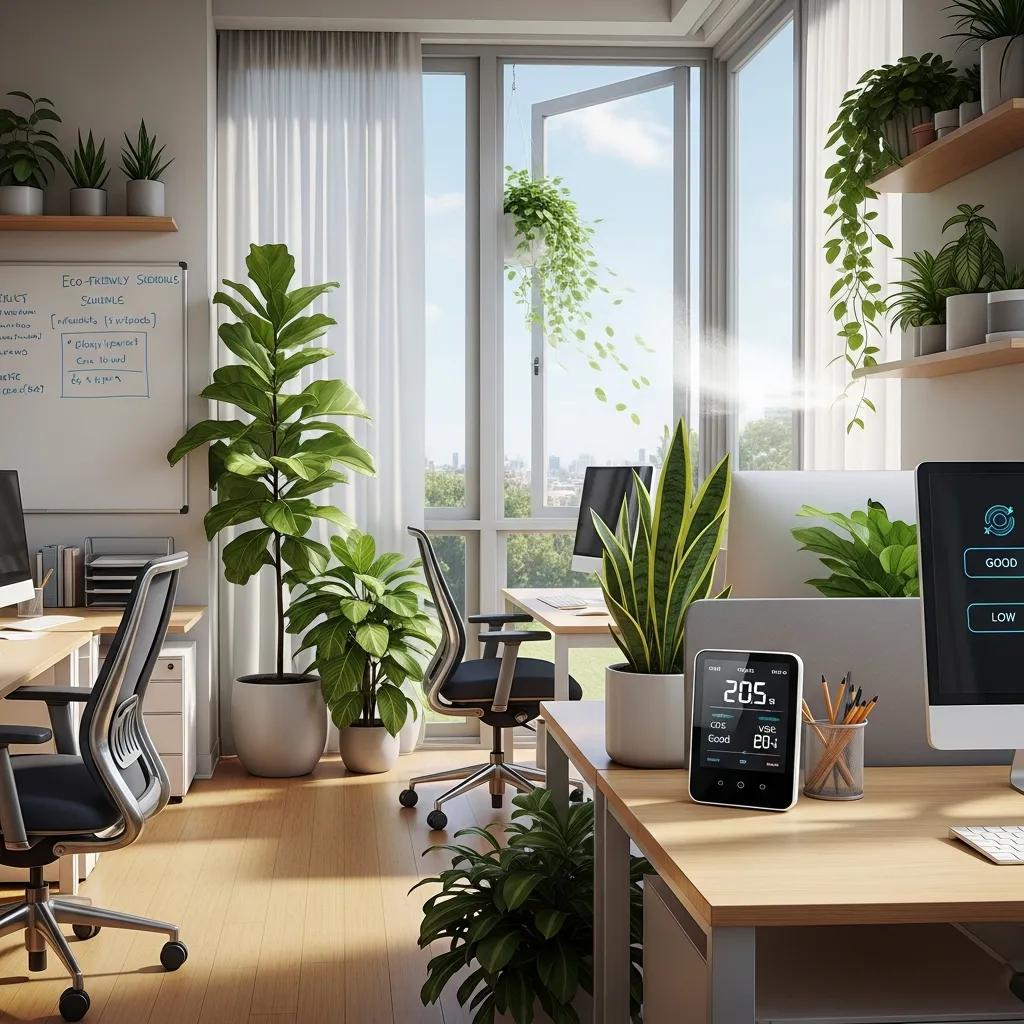 Sustainable office space showcasing indoor plants, open windows for ventilation, and an air quality monitor, emphasizing the importance of indoor air quality in eco-friendly cleaning practices.