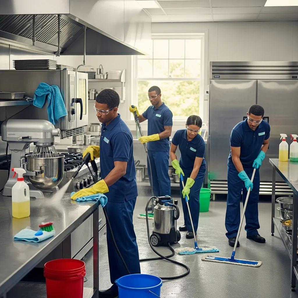 Professional cleaning team deep cleaning a commercial kitchen, featuring gleaming appliances, organized workspaces, and sanitation equipment, emphasizing food safety and hygiene.