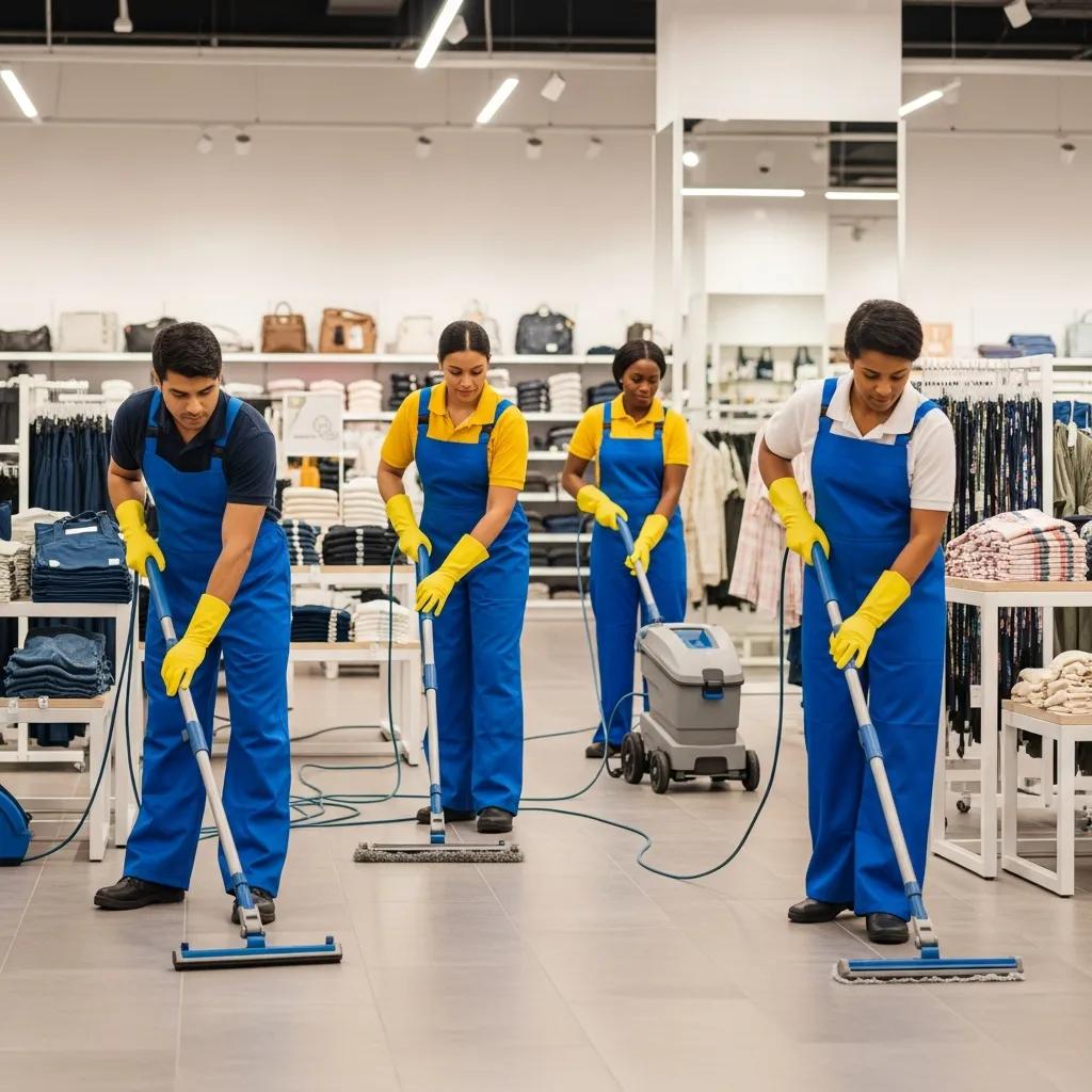 Professional cleaning team in a retail store, emphasizing cleanliness and hygiene