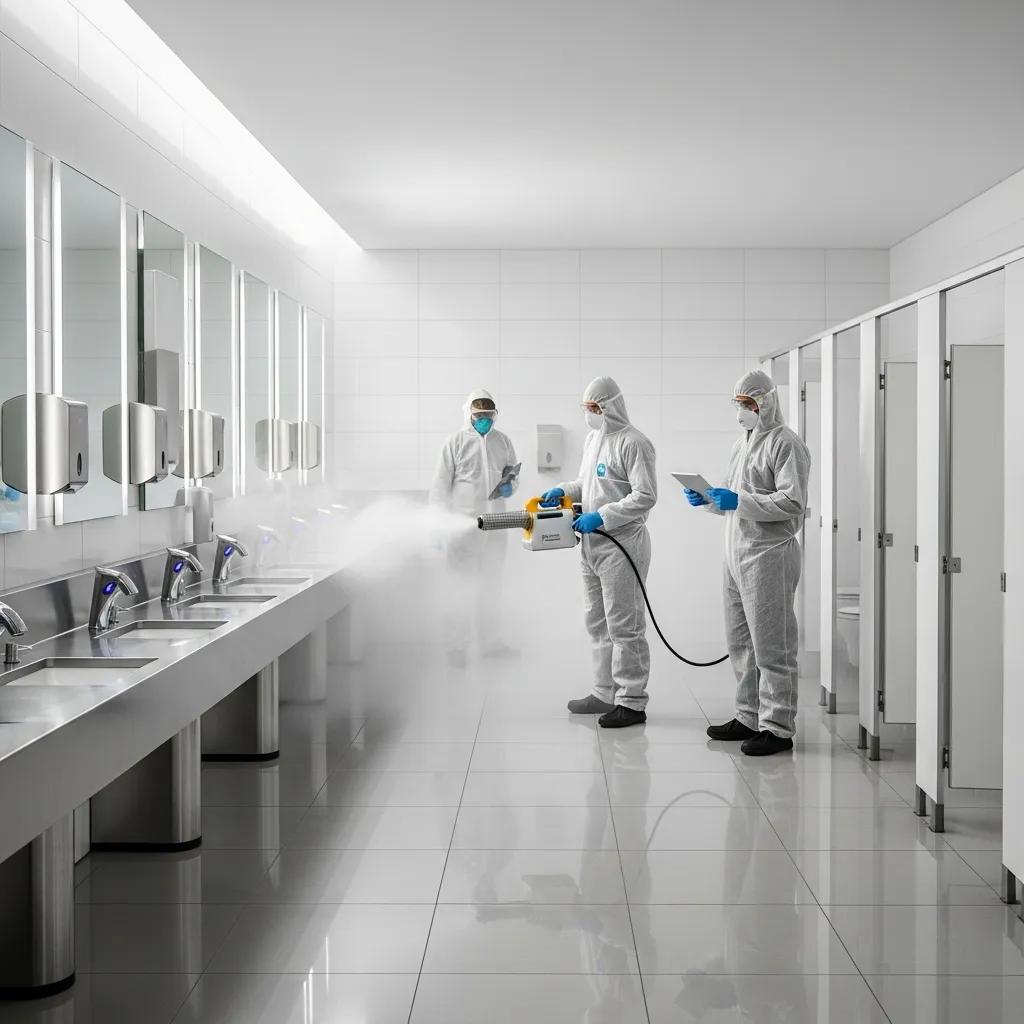 Professional cleaning team using fogging technology in a commercial restroom for enhanced hygiene, with sanitized surfaces and modern fixtures.
