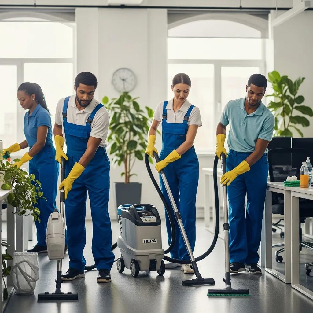 Professional commercial cleaning team using HEPA vacuums and cleaning equipment to enhance workplace health and prevent Sick Building Syndrome in a modern office environment.
