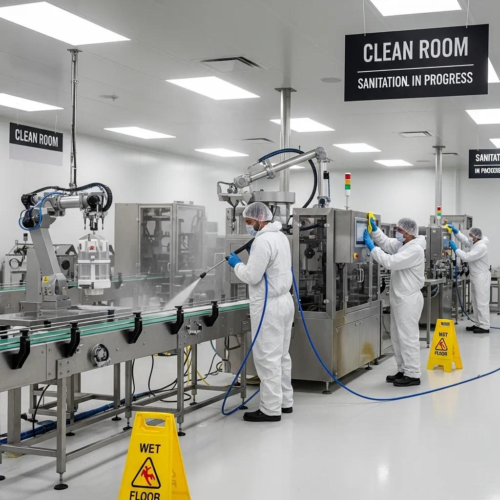 Clean room sanitation in progress with workers in protective gear cleaning equipment, high-pressure washing, and caution signs indicating wet floor.